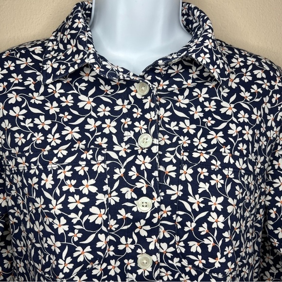 Lands End Blue Floral Cotton Dress Collared Stretch Knee Length - Picture 2 of 10
